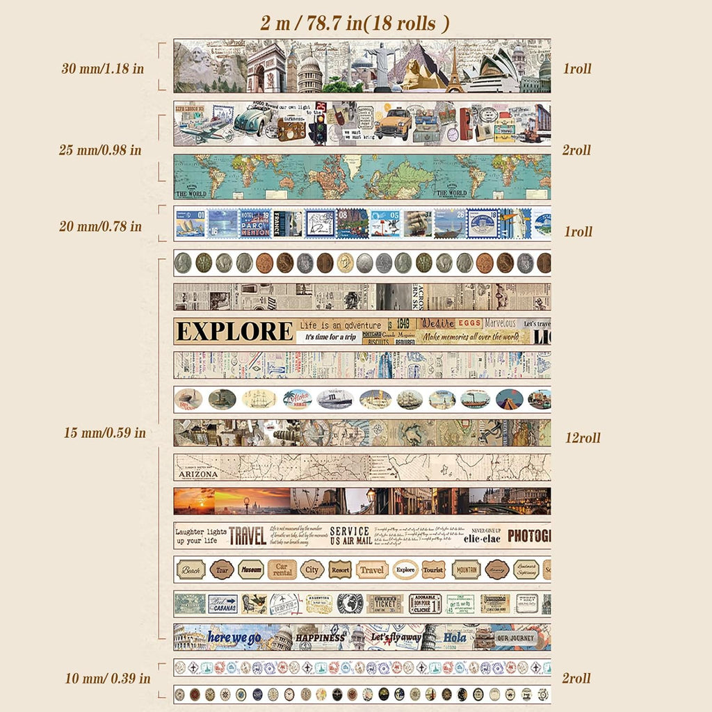 18 Rolls Travel Washi Tape Set Journaling Tape for Crafts and Journaling DIY Scrapbook Tape for Journaling Scrapbooking Supplies Washi Tape for Scrapbooking