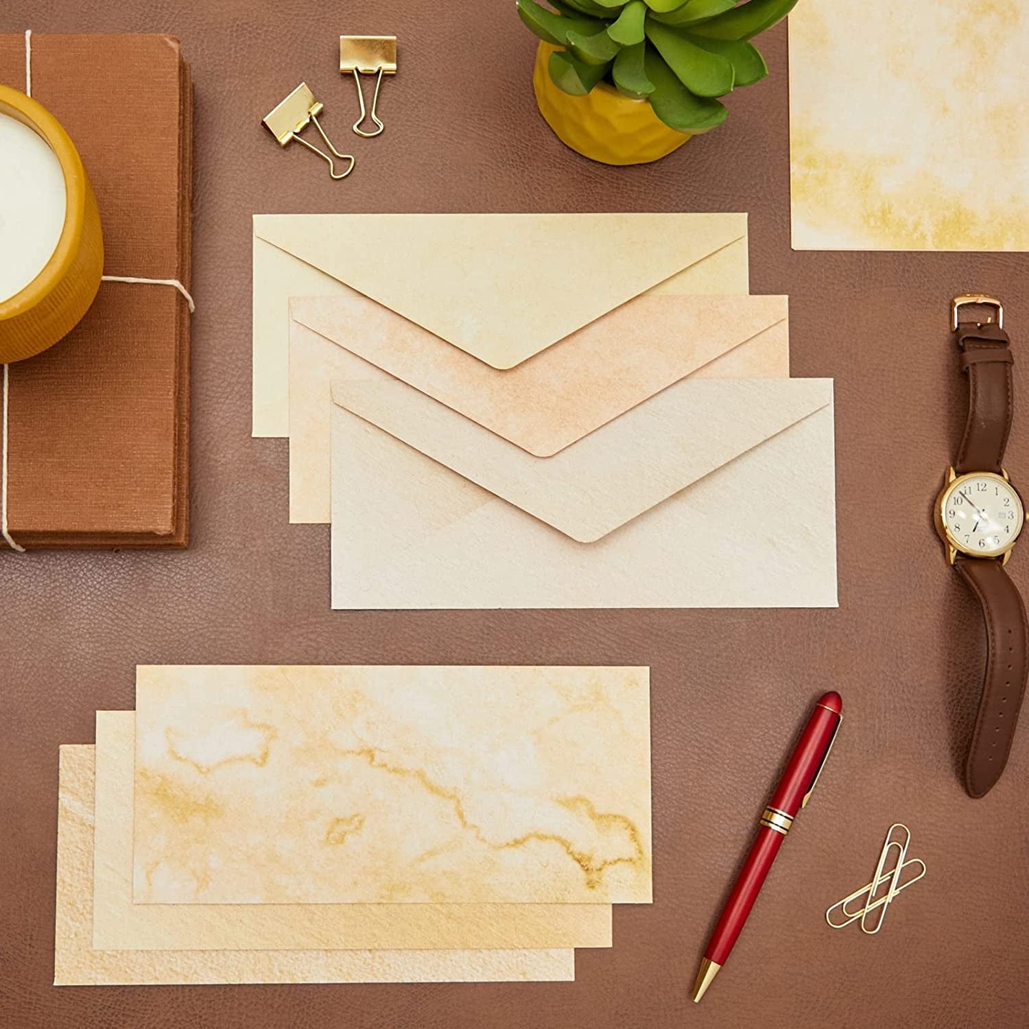 Rectangular Vintage Envelopes - Antique Invitation Envelope Designs - Bulk Vintage Stationery Set - Pack of 48, 8.7 X 4 In, Brown