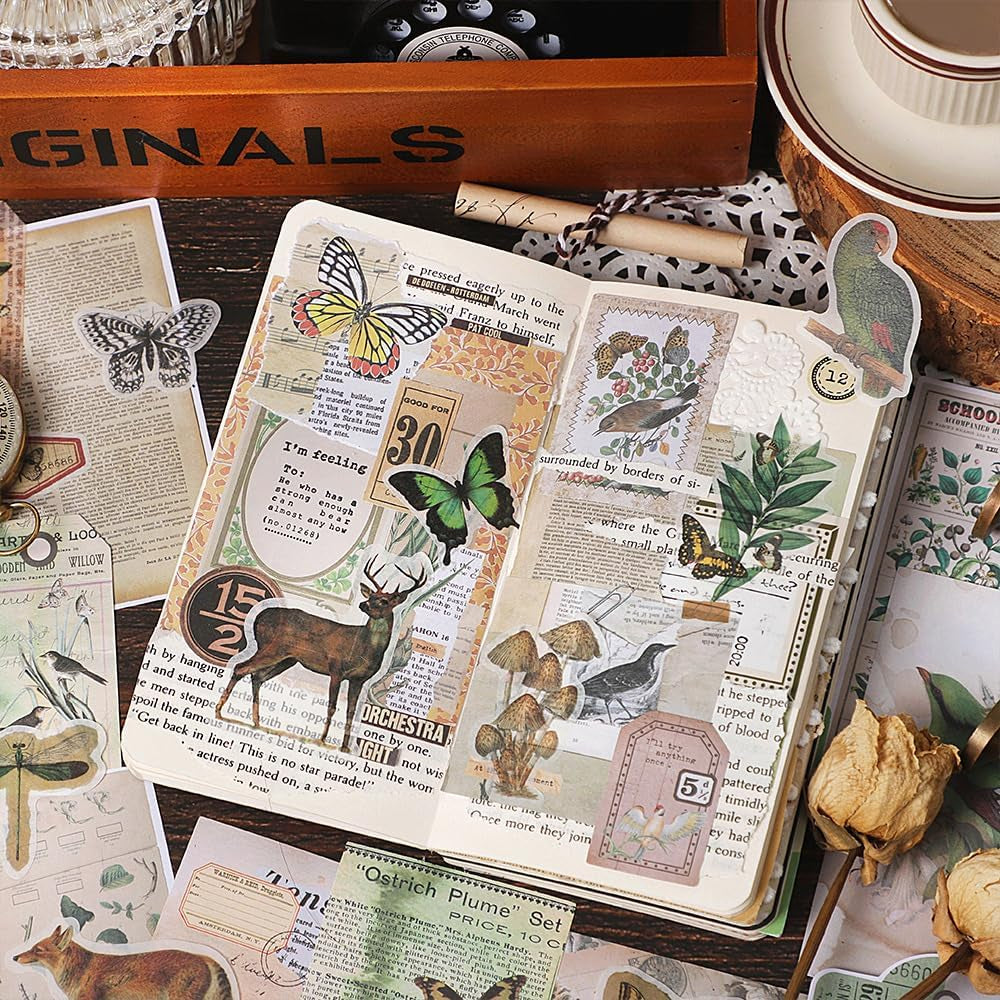 200 Scrapbook Stickers Kit & Aesthetic Journaling Paper Flower Fruit Buttery Journaling Supplies for Junk Journals Craft Tags Cards Collage
