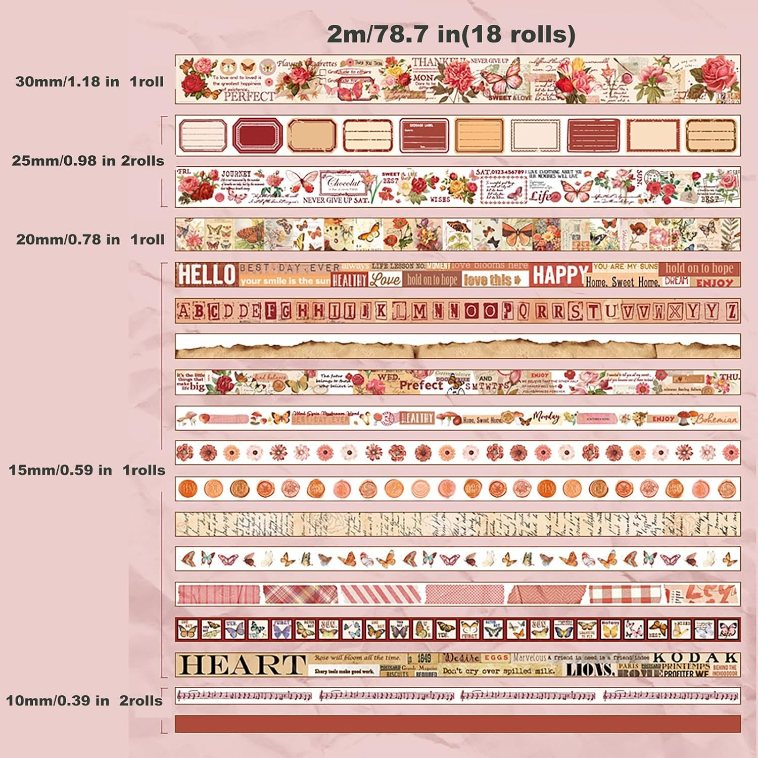 18 Rolls Washi Tape Set for Crafts and Journaling DIY Vintage Floral Tape Scrapbooking Supplies Washi Tape for Journaling Decorative Tape for Crafts
