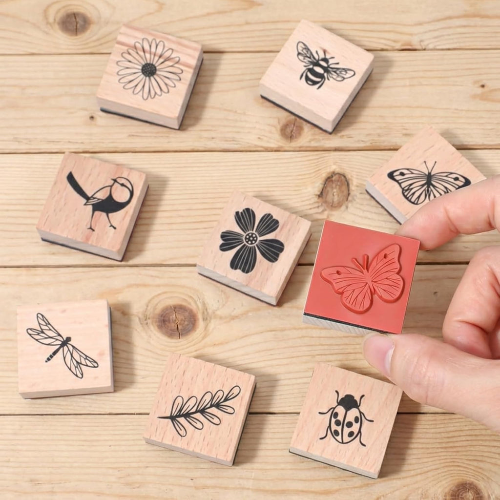 9Pcs Wooden Rubber Stamp Set, Vintage Rubber Stamps for Crafting, Butterfly, Bird, Ladybird & Plant Journal Stamps for Arts & Crafts, Stationary, Scrapbooking, School Projects, Journals