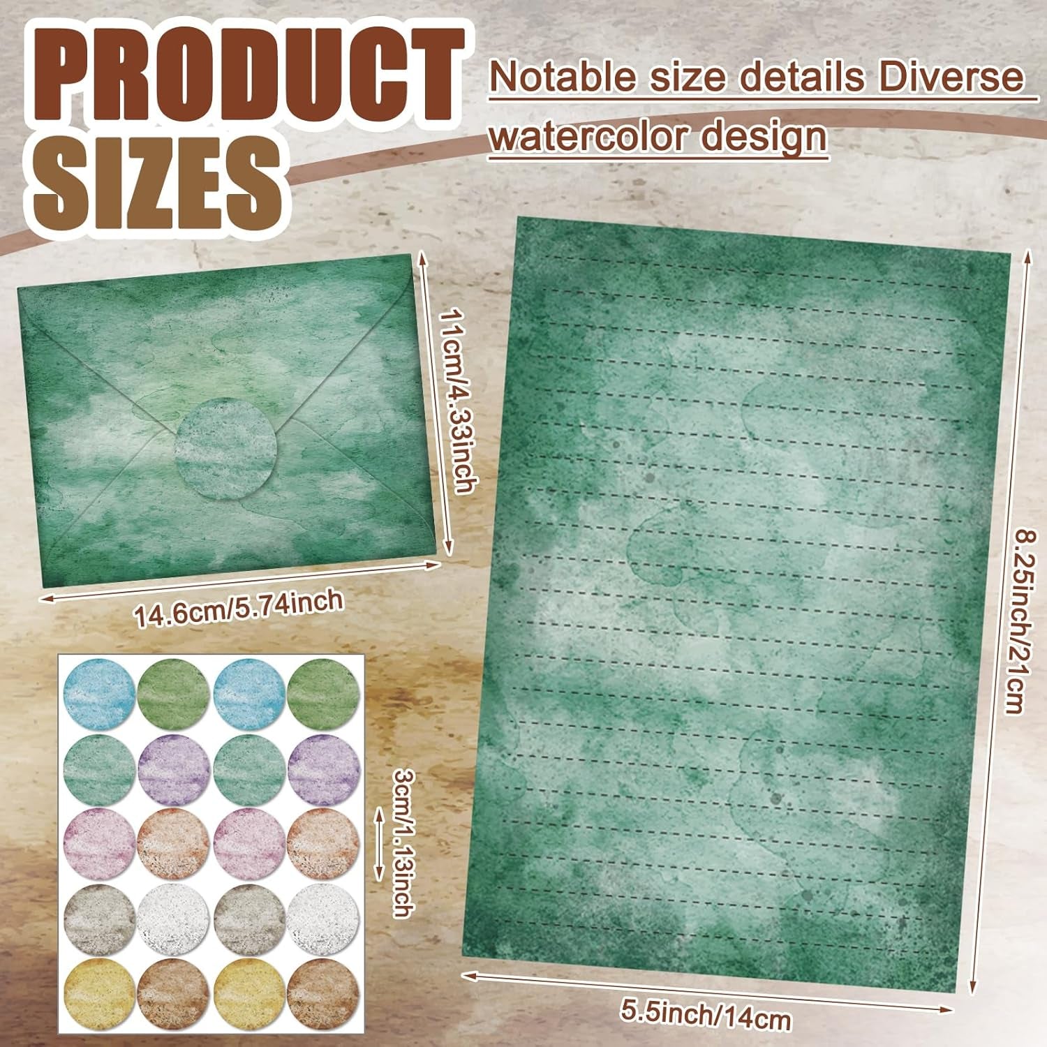 160 Pcs Stationery Paper Set 50 Double Sided Stationery Papers with 50 Matching Envelopes and 60 round Dot Sticker, 10 Design (Vintage,8.25 X 5.5 Inch)