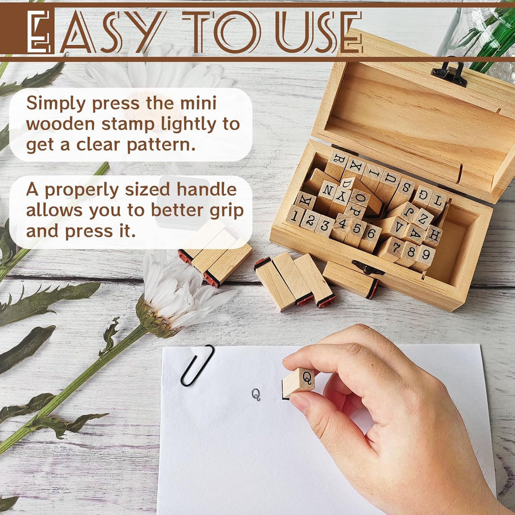 36 Pcs Wooden Rubber Number Alphabet Stamps,Rubber Vintage Letter Stamps Kit,Stamper Seal Set with Wooden Box for Crafting,Scrapbooking,Journaling,Card Making