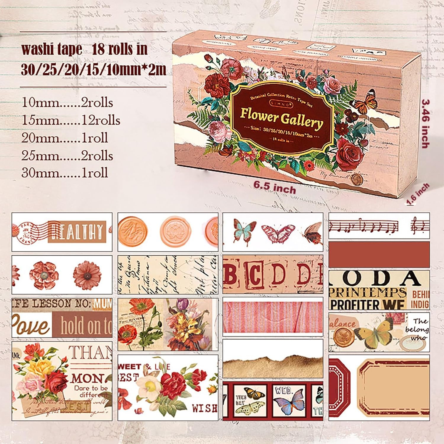 18 Rolls Washi Tape Set for Crafts and Journaling DIY Vintage Floral Tape Scrapbooking Supplies Washi Tape for Journaling Decorative Tape for Crafts