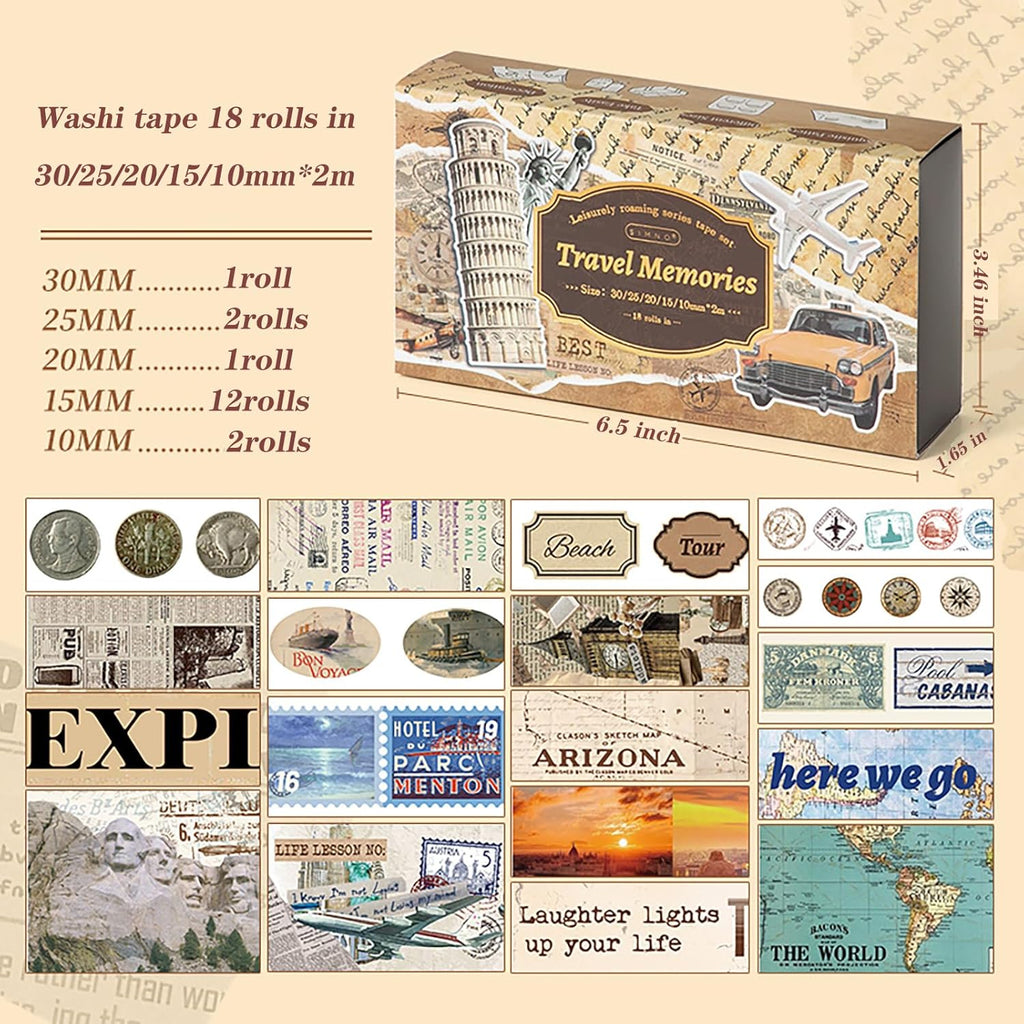 18 Rolls Travel Washi Tape Set Journaling Tape for Crafts and Journaling DIY Scrapbook Tape for Journaling Scrapbooking Supplies Washi Tape for Scrapbooking