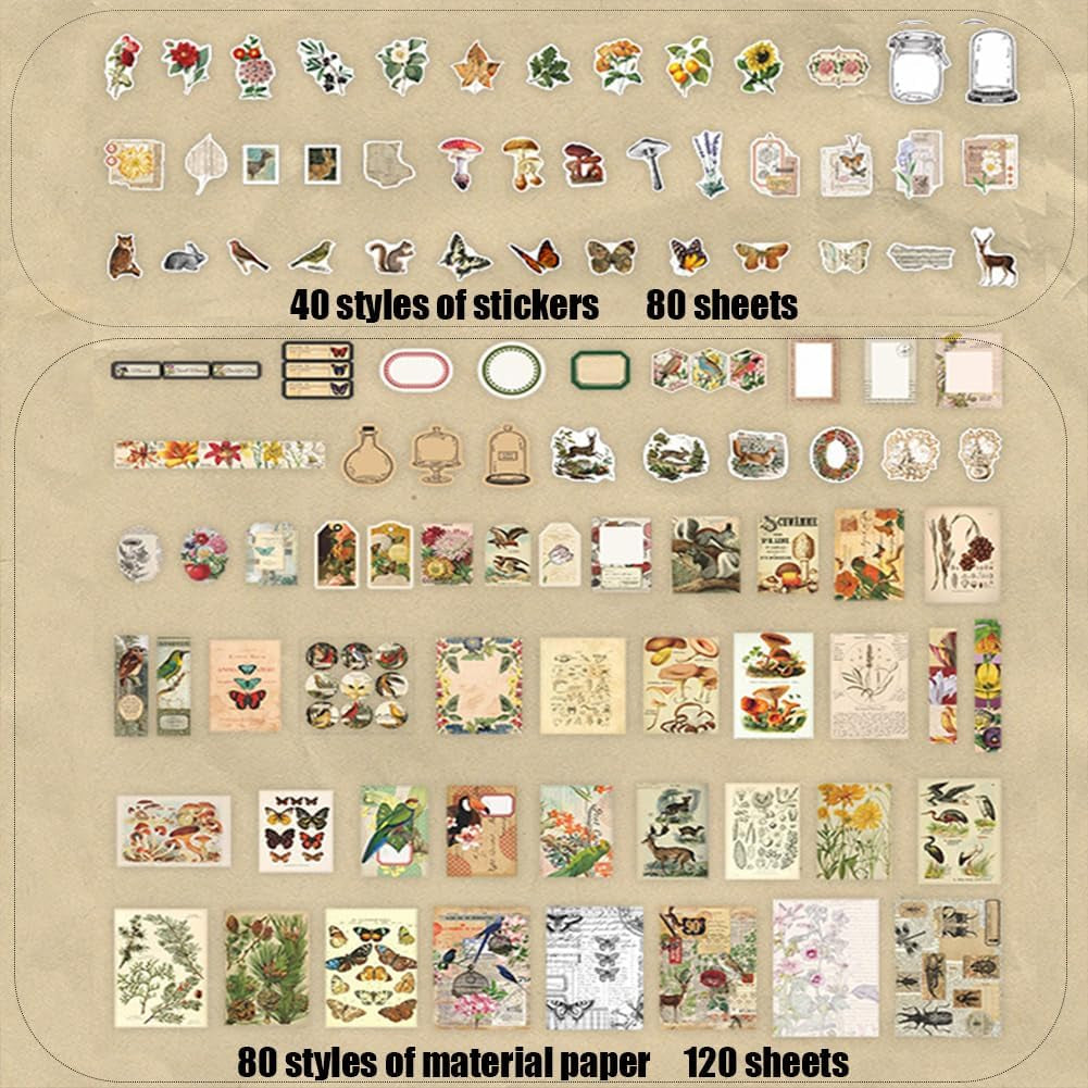 200 Scrapbook Stickers Kit & Aesthetic Journaling Paper Flower Fruit Buttery Journaling Supplies for Junk Journals Craft Tags Cards Collage