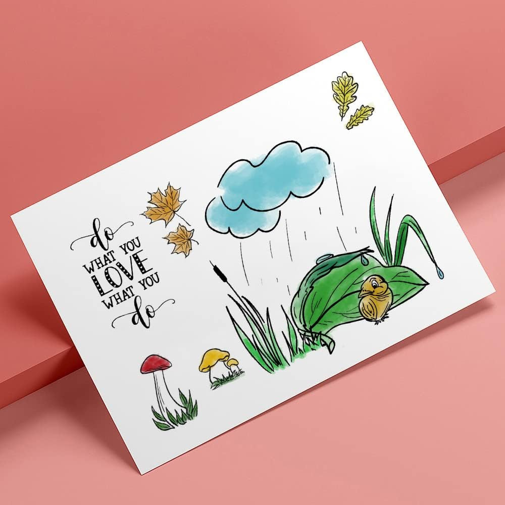 Valentines Rain Leaves Clear Stamps for Card Making and Photo Album Decorations, Mushroom Animals Stamps Love Words Transparent Rubber Stamps Seal for DIY Scrapbooking Supplies