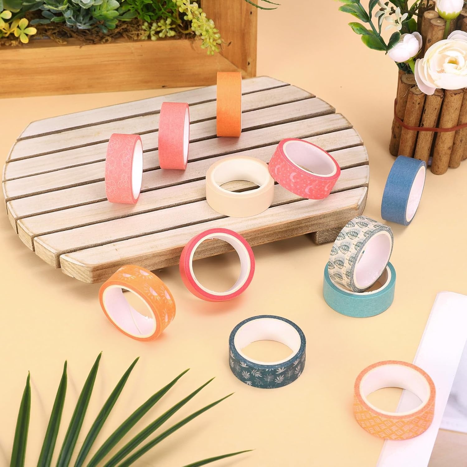 12 Rolls Boho Washi Tape Masking Tape Set Cute Boho Colored Sun Leaves Decorative Wrapping Paper Tapes for Scrapbook Journal DIY Art Crafts