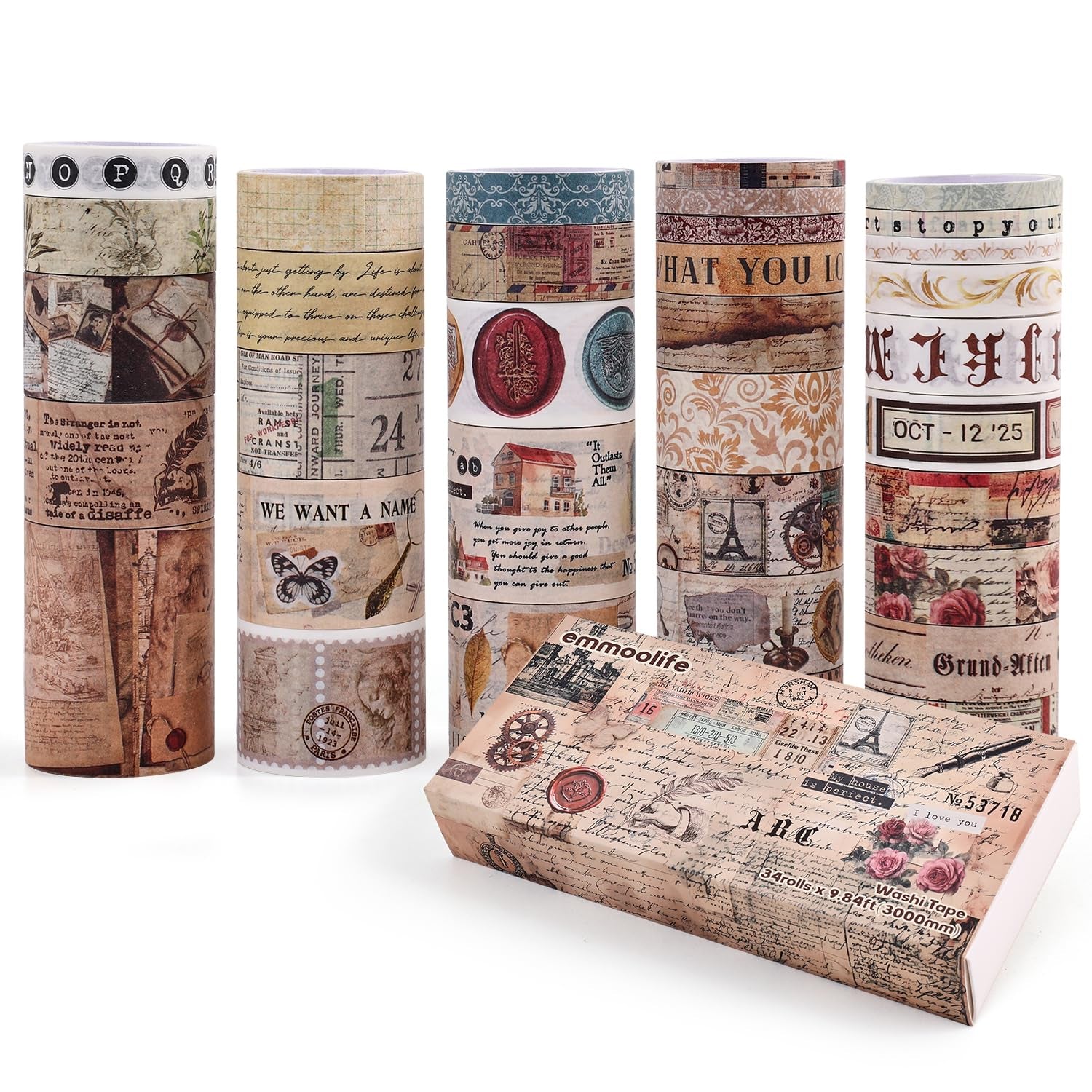 34 Rolls Vintage Washi Tape Set,Letter Map Stamp Stripe Literature Art Writable Aesthetic Washy Decorative Tapes for Scrapbooking, Junk Journal Supplies, Bullet Journaling 5-50Mm Wide (3M Long)/Roll