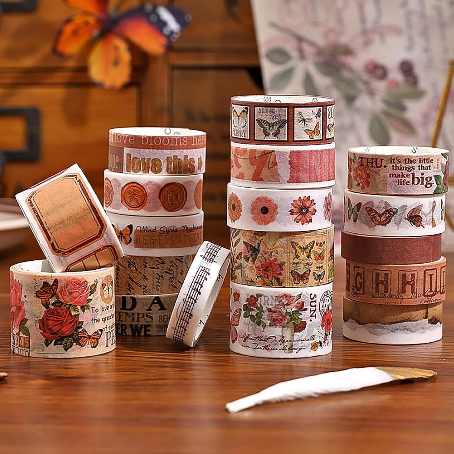 18 Rolls Washi Tape Set for Crafts and Journaling DIY Vintage Floral Tape Scrapbooking Supplies Washi Tape for Journaling Decorative Tape for Crafts