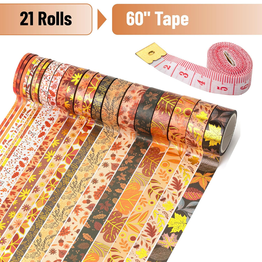'- Washi Tape Set, 21 Rolls, Assorted Sizes, Autumn Leaves | 5.5 Yards/Roll, Washi Tape for Scrapbook, Arts, Crafts, Journals and Planners