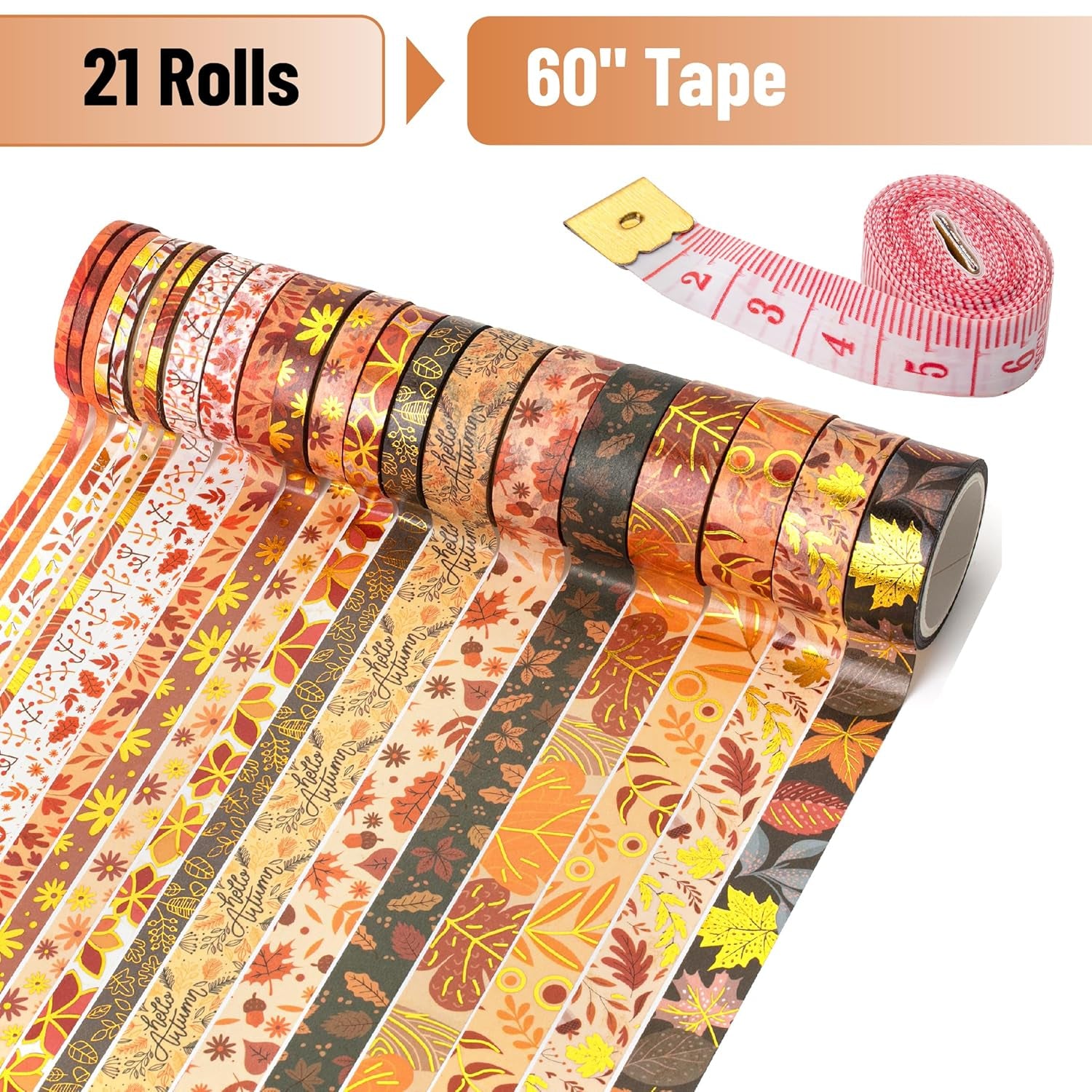'- Washi Tape Set, 21 Rolls, Assorted Sizes, Autumn Leaves | 5.5 Yards/Roll, Washi Tape for Scrapbook, Arts, Crafts, Journals and Planners