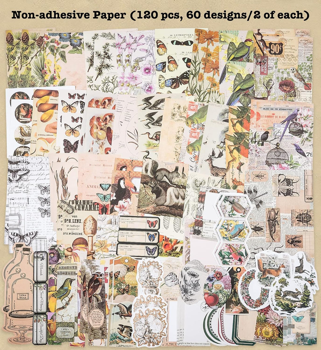 200 Pieces Vintage Ephemera Pack Decoupage Paper Junk Journal Kit Scrapbook Planner Sticker Supplies for Art Journaling Bullet Journals Collage Craft Notebooks Album Crafter Gifts (Forest)