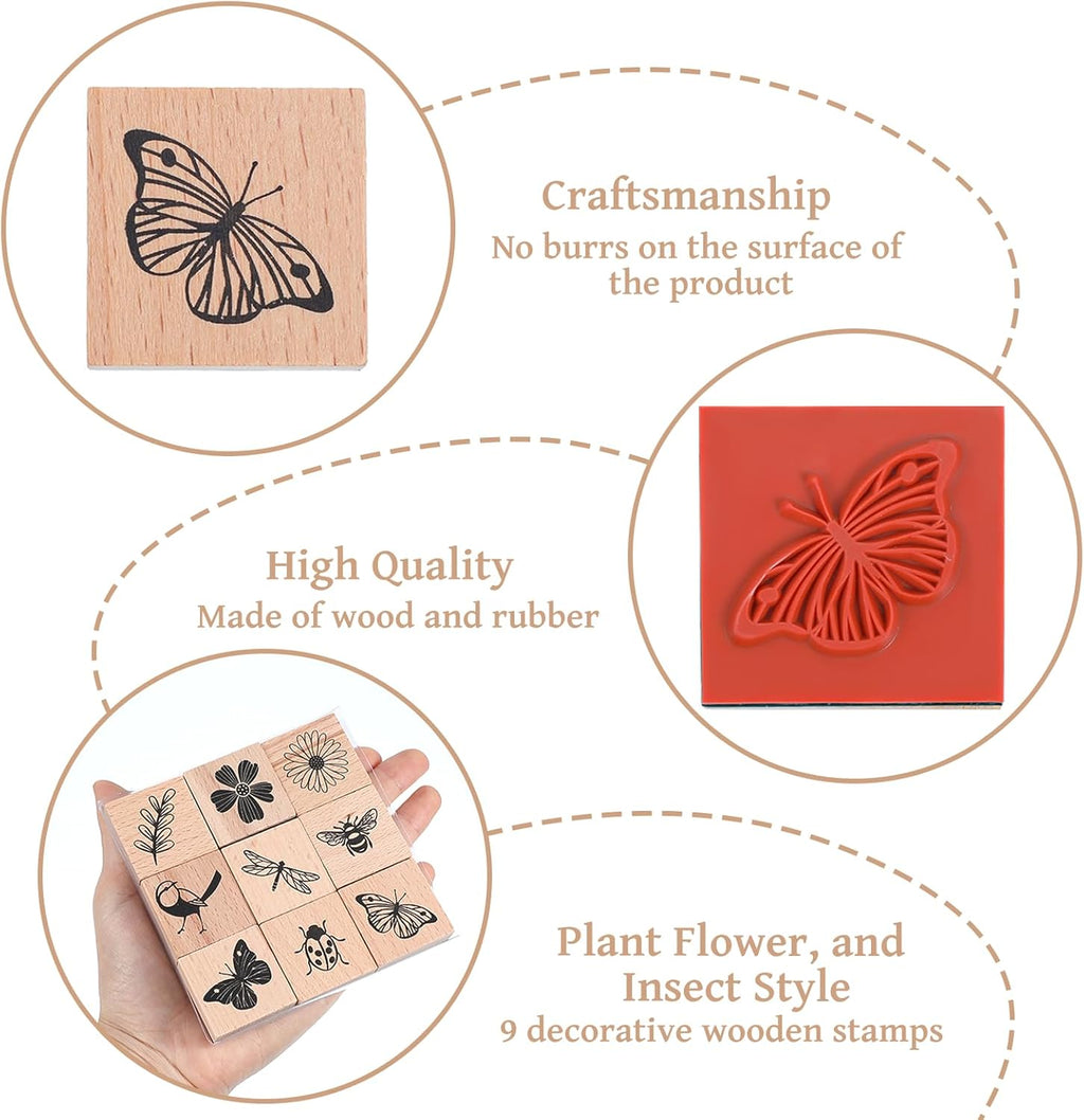 9Pcs Wooden Rubber Stamp Set, Vintage Rubber Stamps for Crafting, Butterfly, Bird, Ladybird & Plant Journal Stamps for Arts & Crafts, Stationary, Scrapbooking, School Projects, Journals