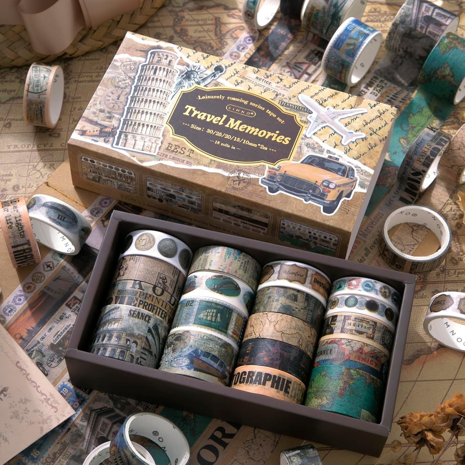 18 Rolls Travel Washi Tape Set Journaling Tape for Crafts and Journaling DIY Scrapbook Tape for Journaling Scrapbooking Supplies Washi Tape for Scrapbooking