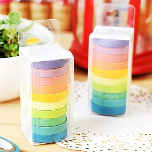 10Pc Rainbow Writable Washi Tape Set Colorful Adhesive Masking Craft Tape Roll