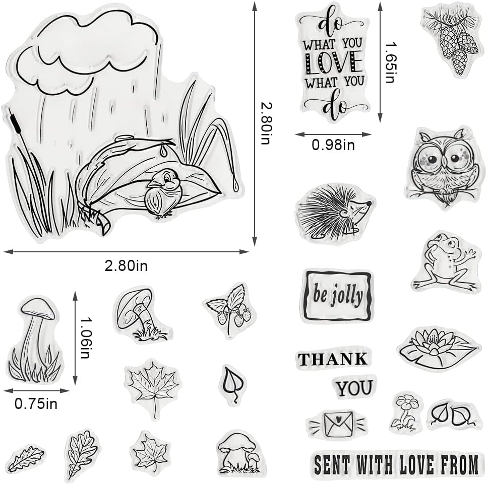 Valentines Rain Leaves Clear Stamps for Card Making and Photo Album Decorations, Mushroom Animals Stamps Love Words Transparent Rubber Stamps Seal for DIY Scrapbooking Supplies