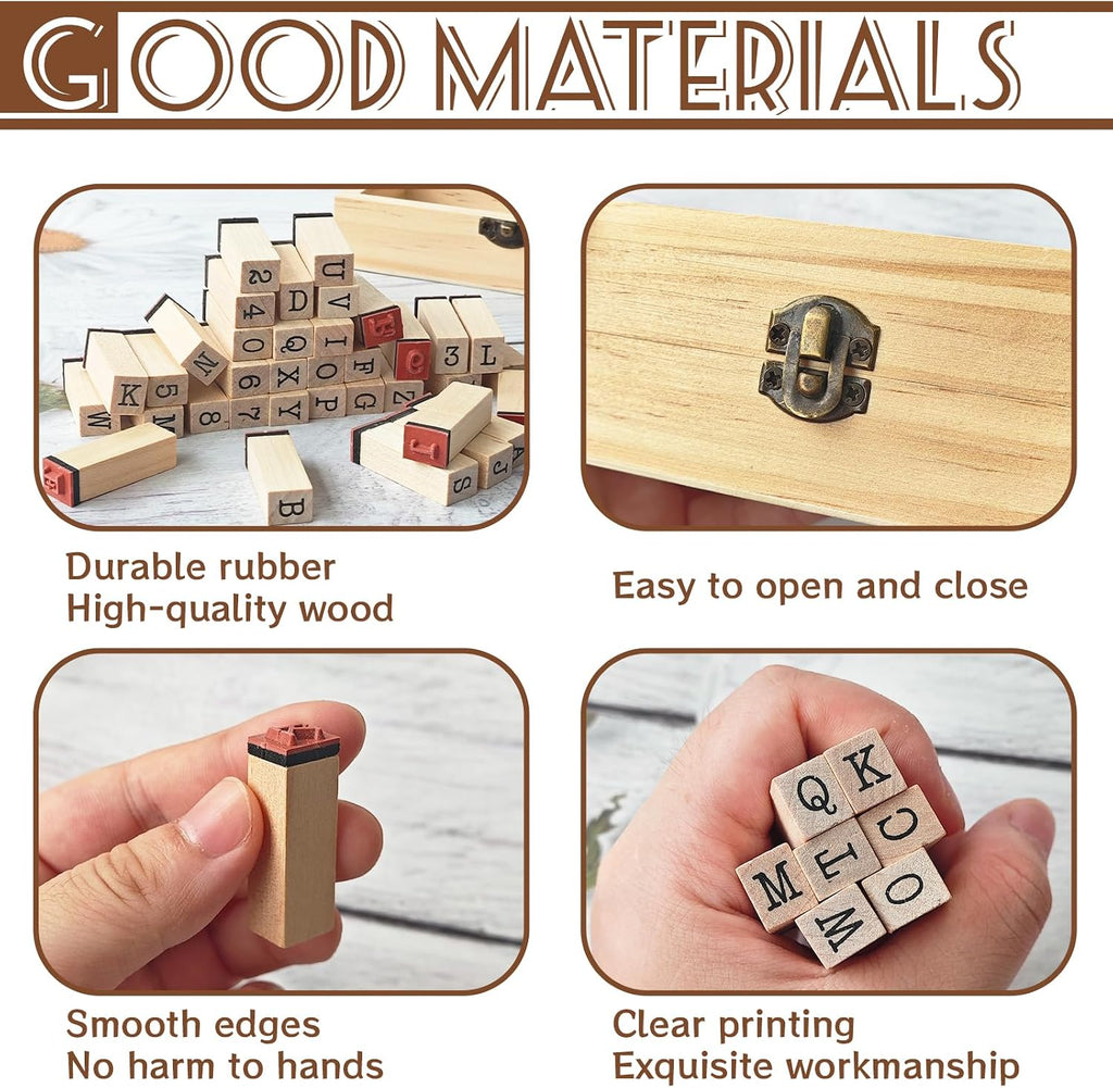 36 Pcs Wooden Rubber Number Alphabet Stamps,Rubber Vintage Letter Stamps Kit,Stamper Seal Set with Wooden Box for Crafting,Scrapbooking,Journaling,Card Making