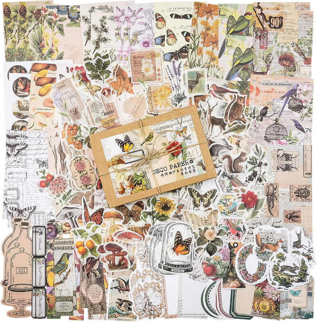 200 Pieces Vintage Ephemera Pack Decoupage Paper Junk Journal Kit Scrapbook Planner Sticker Supplies for Art Journaling Bullet Journals Collage Craft Notebooks Album Crafter Gifts (Forest)