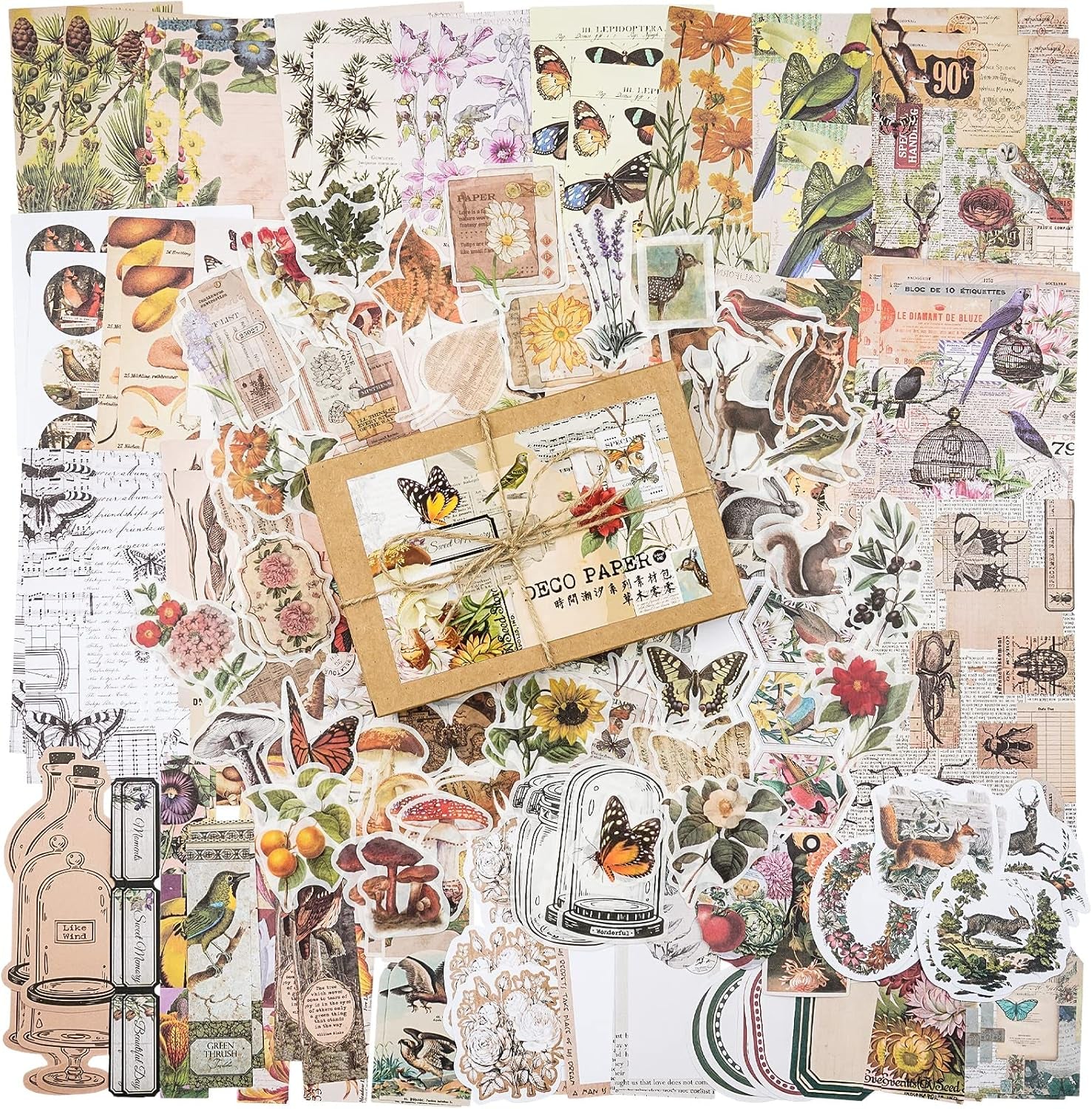 200 Pieces Vintage Ephemera Pack Decoupage Paper Junk Journal Kit Scrapbook Planner Sticker Supplies for Art Journaling Bullet Journals Collage Craft Notebooks Album Crafter Gifts (Forest)