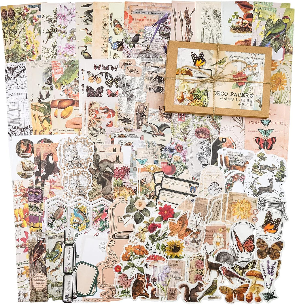 200 Pieces Vintage Ephemera Pack Decoupage Paper Junk Journal Kit Scrapbook Planner Sticker Supplies for Art Journaling Bullet Journals Collage Craft Notebooks Album Crafter Gifts (Forest)