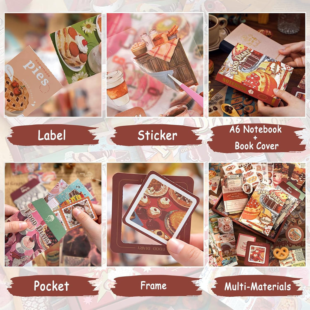 Vintage Aesthetic Scrapbook Kit, Bullet Junk Journal Kit with Journaling/Scrapbooking Supplies, Stationery, A6 Grid Notebook Graph Ruled Pages, DIY Gift for Women