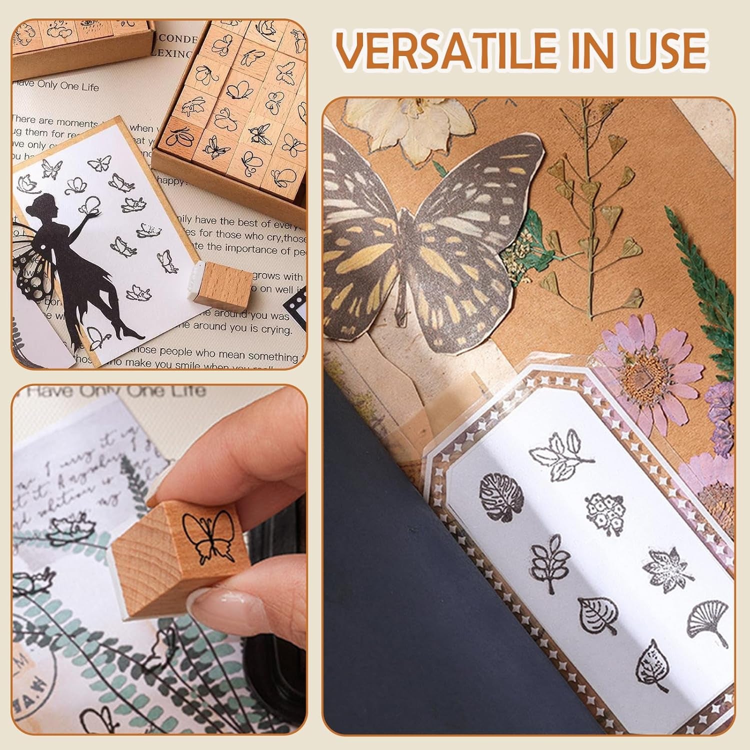 25 Pieces Wooden Rubber Stamp Set, Plant Decorative Wooden Stamp DIY Craft, Cute Butterfly & Botanical Designs for Journals, Scrapbooks, Planners, and DIY Crafts (Botanical)