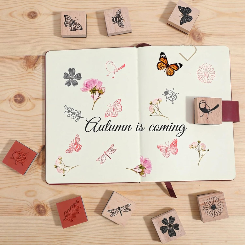9Pcs Wooden Rubber Stamp Set, Vintage Rubber Stamps for Crafting, Butterfly, Bird, Ladybird & Plant Journal Stamps for Arts & Crafts, Stationary, Scrapbooking, School Projects, Journals