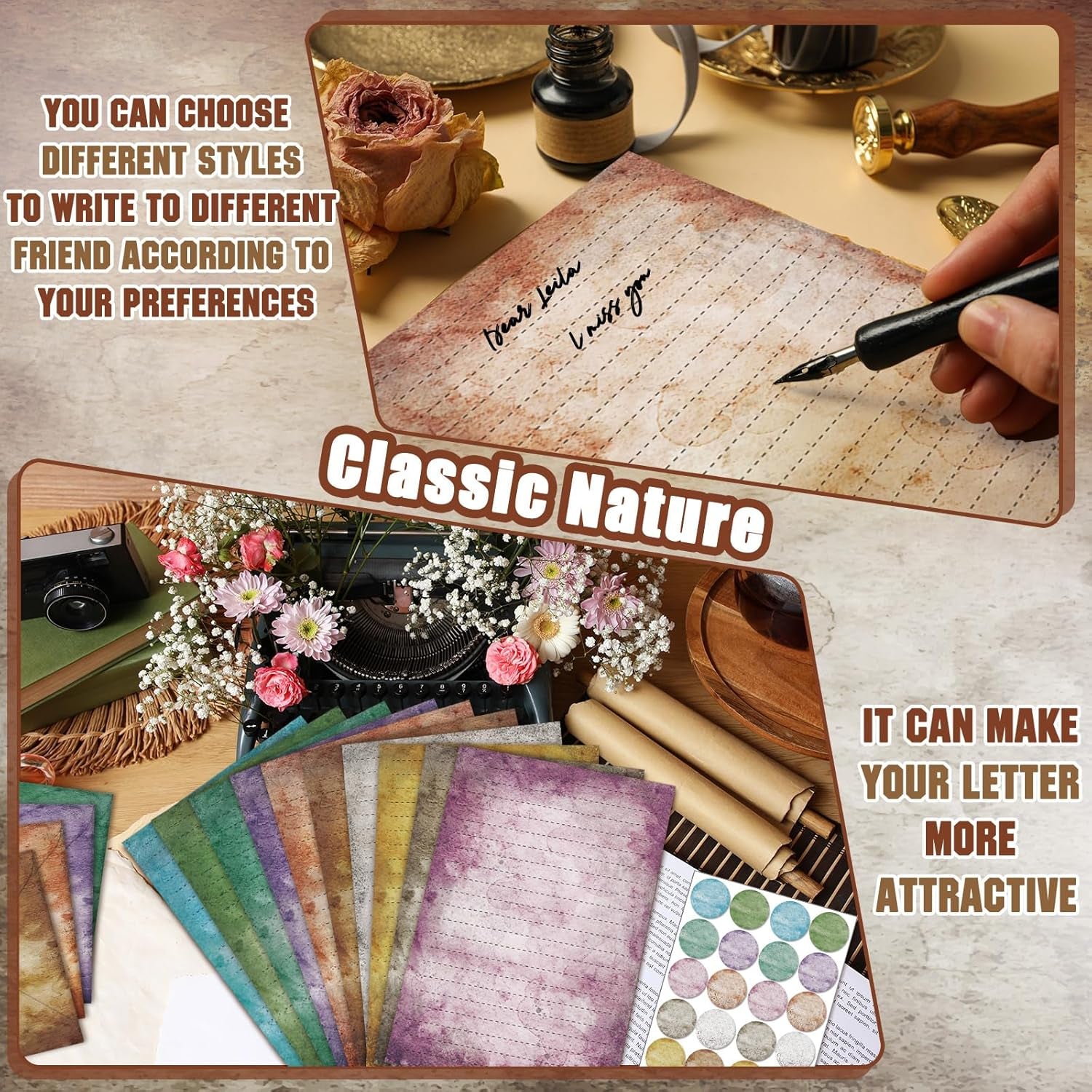 160 Pcs Stationery Paper Set 50 Double Sided Stationery Papers with 50 Matching Envelopes and 60 round Dot Sticker, 10 Design (Vintage,8.25 X 5.5 Inch)