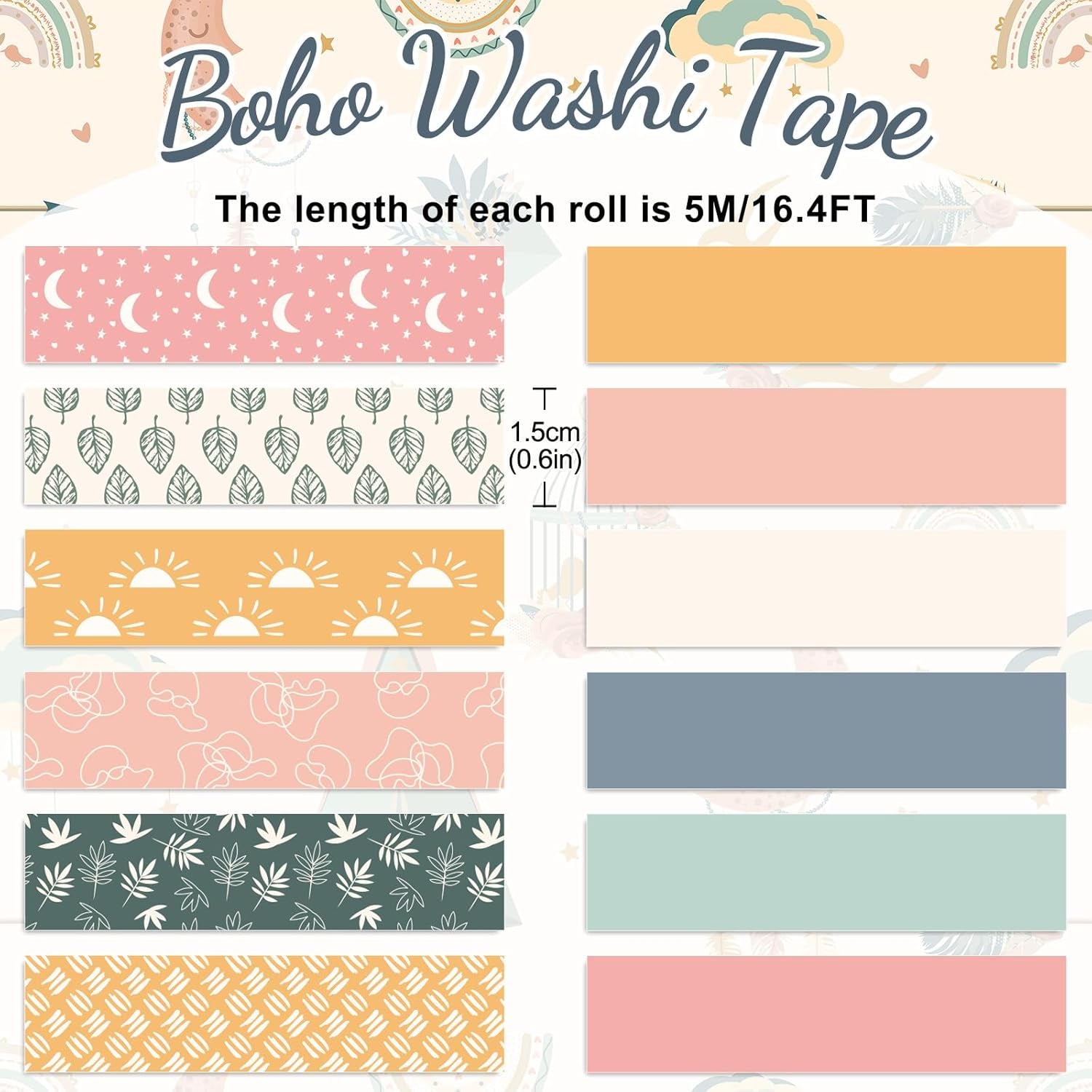 12 Rolls Boho Washi Tape Masking Tape Set Cute Boho Colored Sun Leaves Decorative Wrapping Paper Tapes for Scrapbook Journal DIY Art Crafts