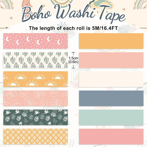 12 Rolls Boho Washi Tape Masking Tape Set Cute Boho Colored Sun Leaves Decorative Wrapping Paper Tapes for Scrapbook Journal DIY Art Crafts