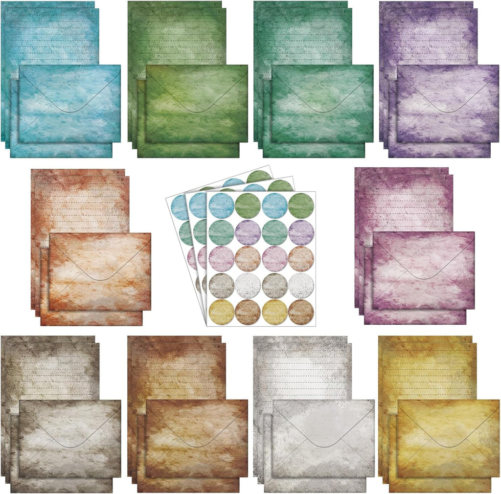 160 Pcs Stationery Paper Set 50 Double Sided Stationery Papers with 50 Matching Envelopes and 60 round Dot Sticker, 10 Design (Vintage,8.25 X 5.5 Inch)