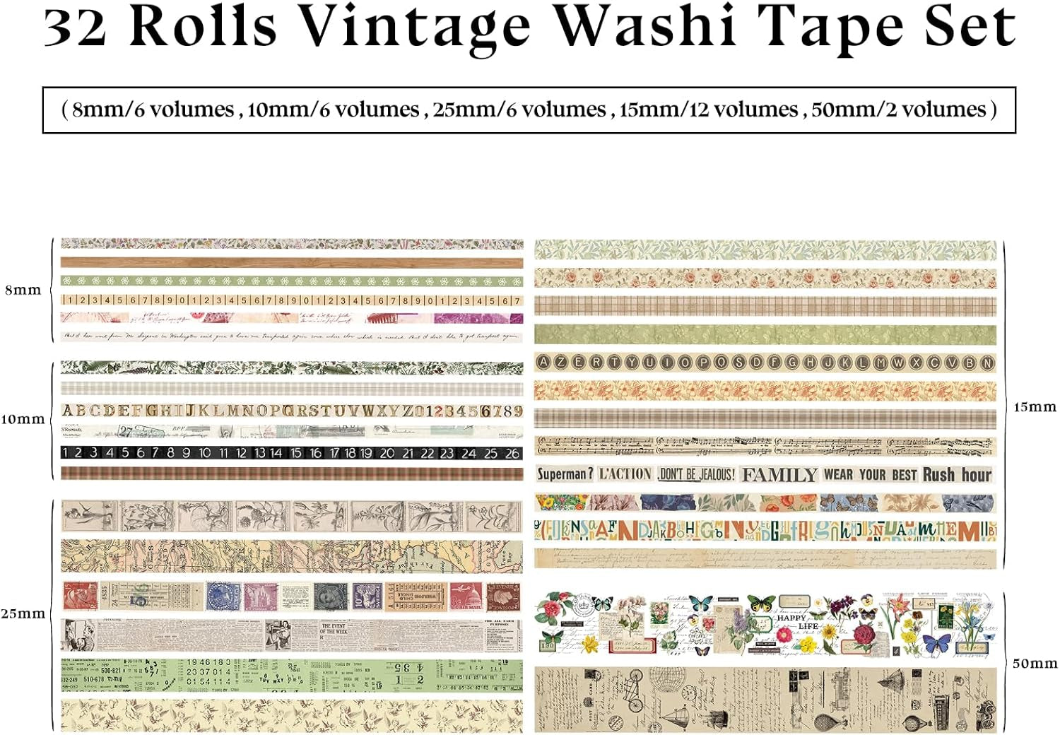 32 Roll Vintage Washi Tape Set Decorative Masking Paper Rainbow Colors Aesthetic Adhesive Ribbon Scrapbook Junk Journal Bullet Planner Diary DIY Craft Card Making Gift Wrapping Supplies