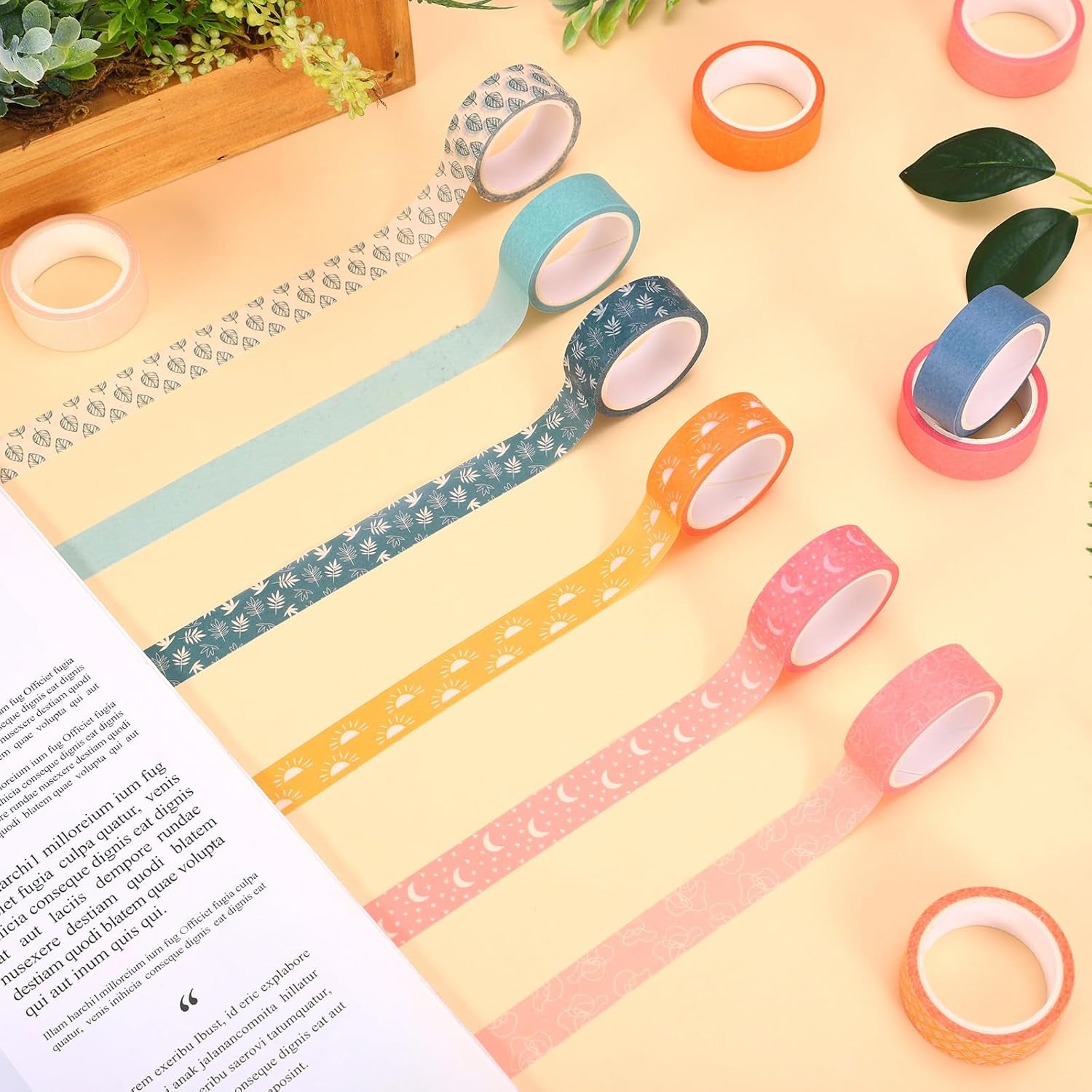 12 Rolls Boho Washi Tape Masking Tape Set Cute Boho Colored Sun Leaves Decorative Wrapping Paper Tapes for Scrapbook Journal DIY Art Crafts