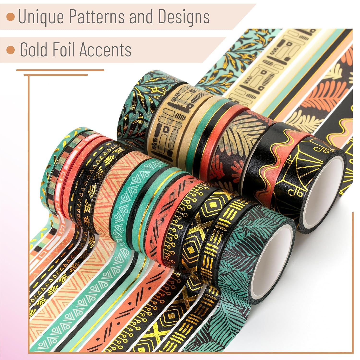 '- Washi Tape Set, 21 Rolls, Assorted Sizes, 5.5 Yards/Roll | Washi Tape for Scrapbook, Arts, Crafts, Journals and Planners, Ethnic Elegance Design