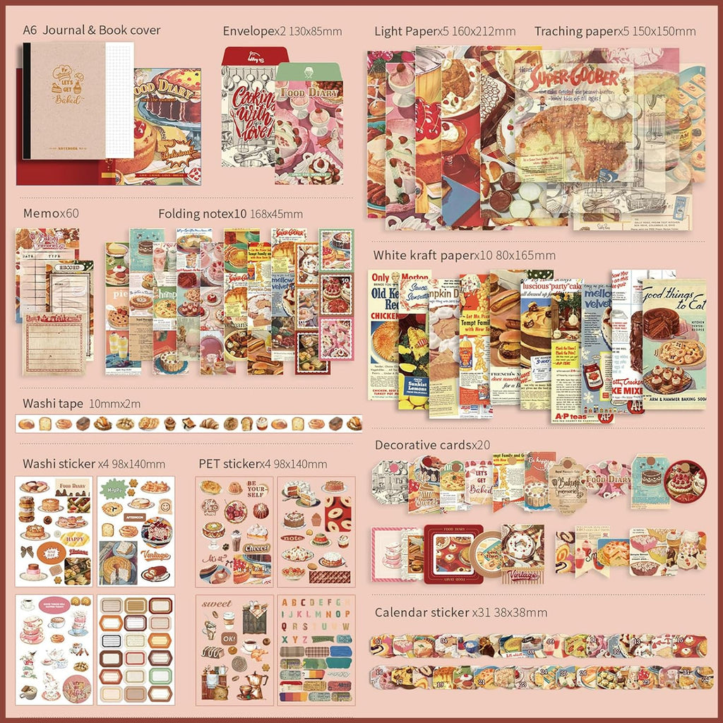 Vintage Aesthetic Scrapbook Kit, Bullet Junk Journal Kit with Journaling/Scrapbooking Supplies, Stationery, A6 Grid Notebook Graph Ruled Pages, DIY Gift for Women