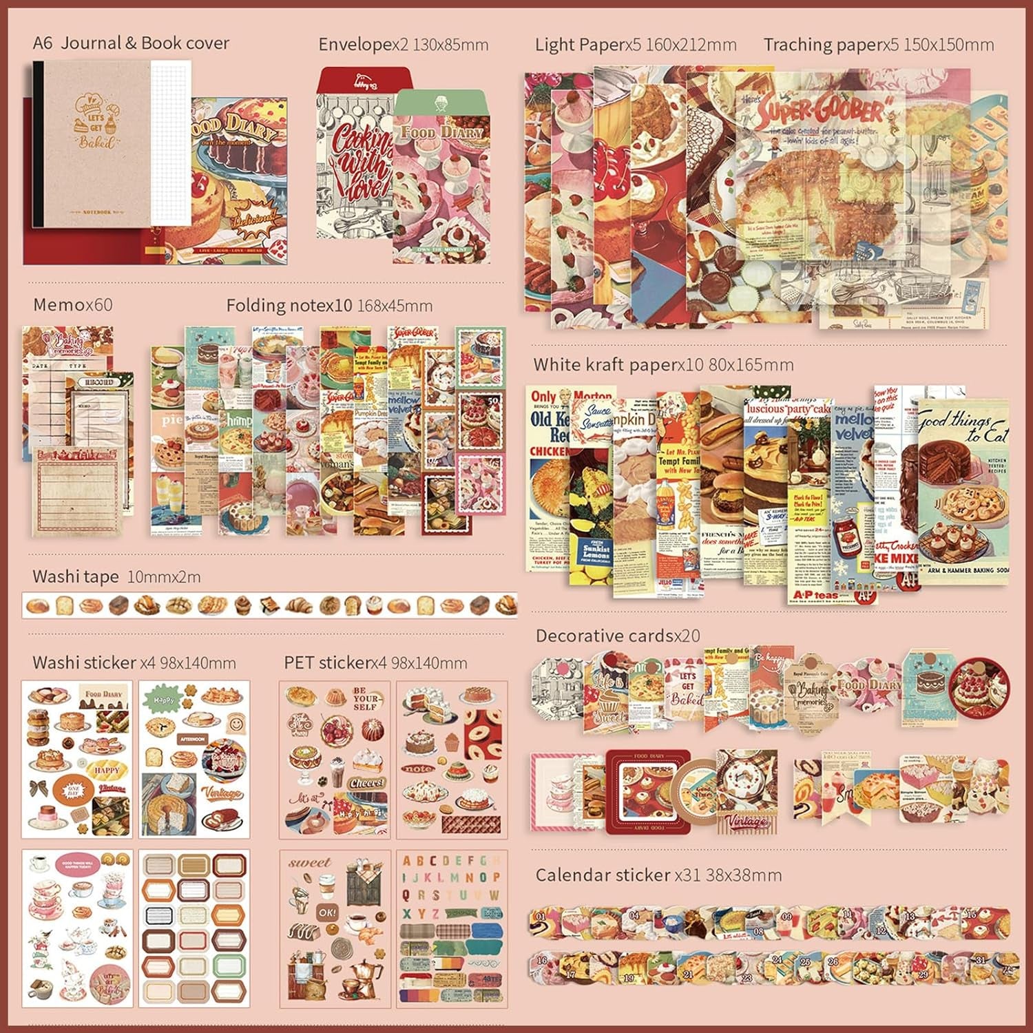 Vintage Aesthetic Scrapbook Kit, Bullet Junk Journal Kit with Journaling/Scrapbooking Supplies, Stationery, A6 Grid Notebook Graph Ruled Pages, DIY Gift for Women