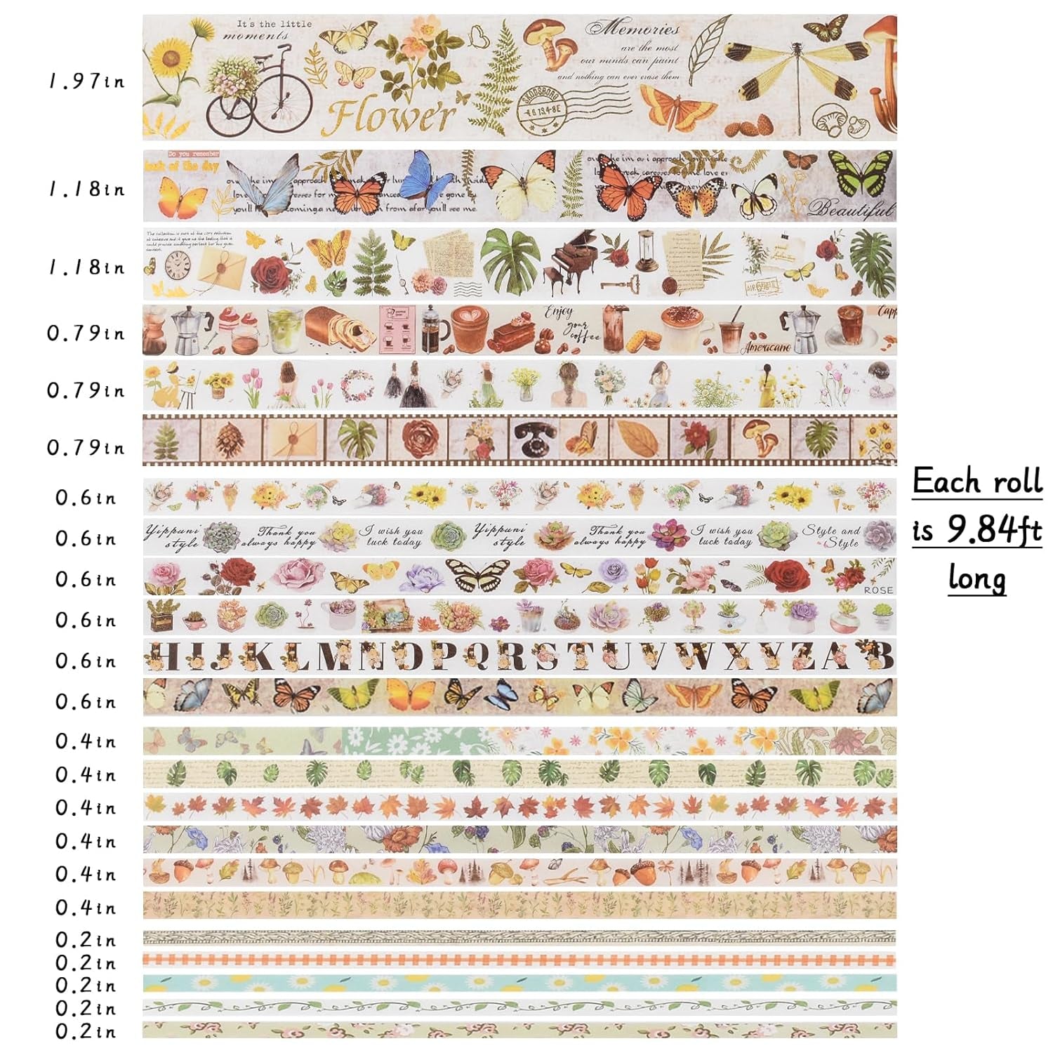 23 Rolls Vintage Washi Tape Set,30/15/10/5Mm Wide Floral Map Stamp Letter Antique Retro Decorative Masking Tape Sets for Scrapbook, Craft,Kids,Scrapbooking Supplie