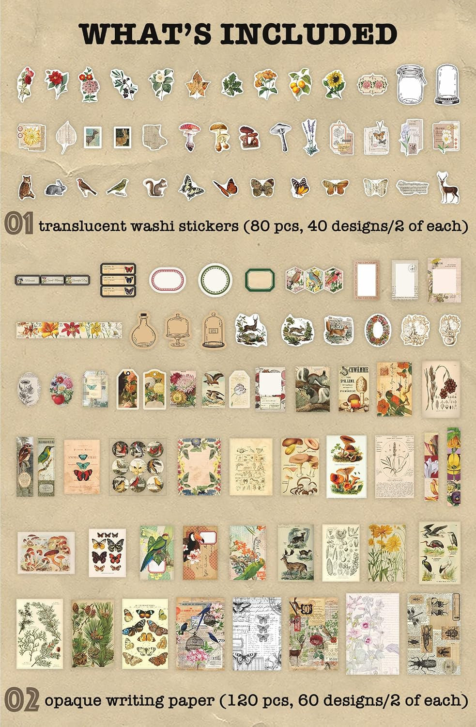 200 Pieces Vintage Ephemera Pack Decoupage Paper Junk Journal Kit Scrapbook Planner Sticker Supplies for Art Journaling Bullet Journals Collage Craft Notebooks Album Crafter Gifts (Forest)
