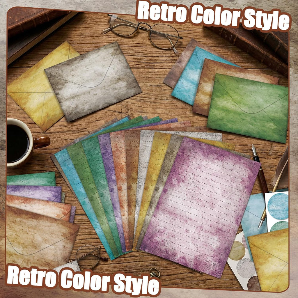 160 Pcs Stationery Paper Set 50 Double Sided Stationery Papers with 50 Matching Envelopes and 60 round Dot Sticker, 10 Design (Vintage,8.25 X 5.5 Inch)