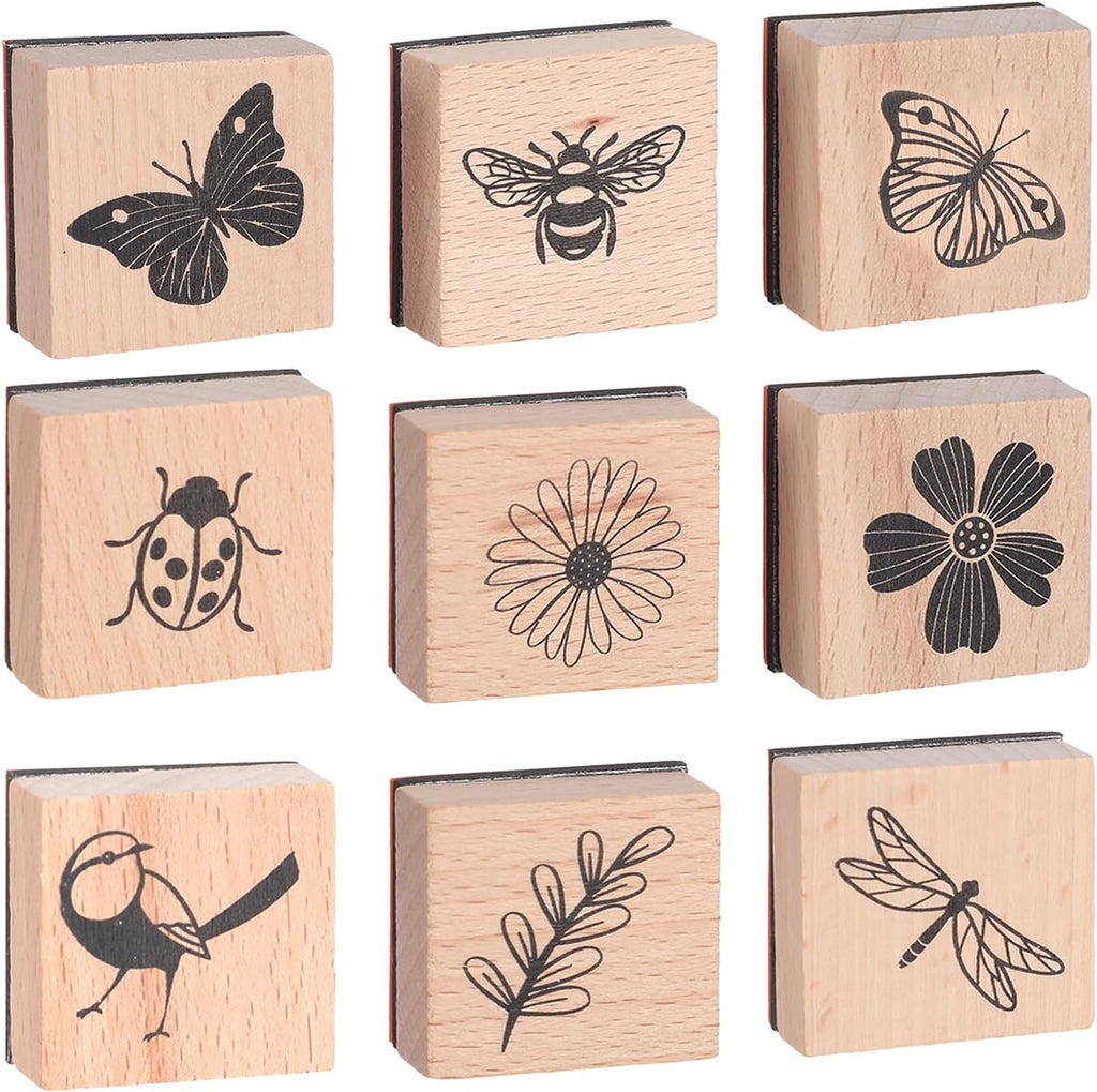 9Pcs Wooden Rubber Stamp Set, Vintage Rubber Stamps for Crafting, Butterfly, Bird, Ladybird & Plant Journal Stamps for Arts & Crafts, Stationary, Scrapbooking, School Projects, Journals