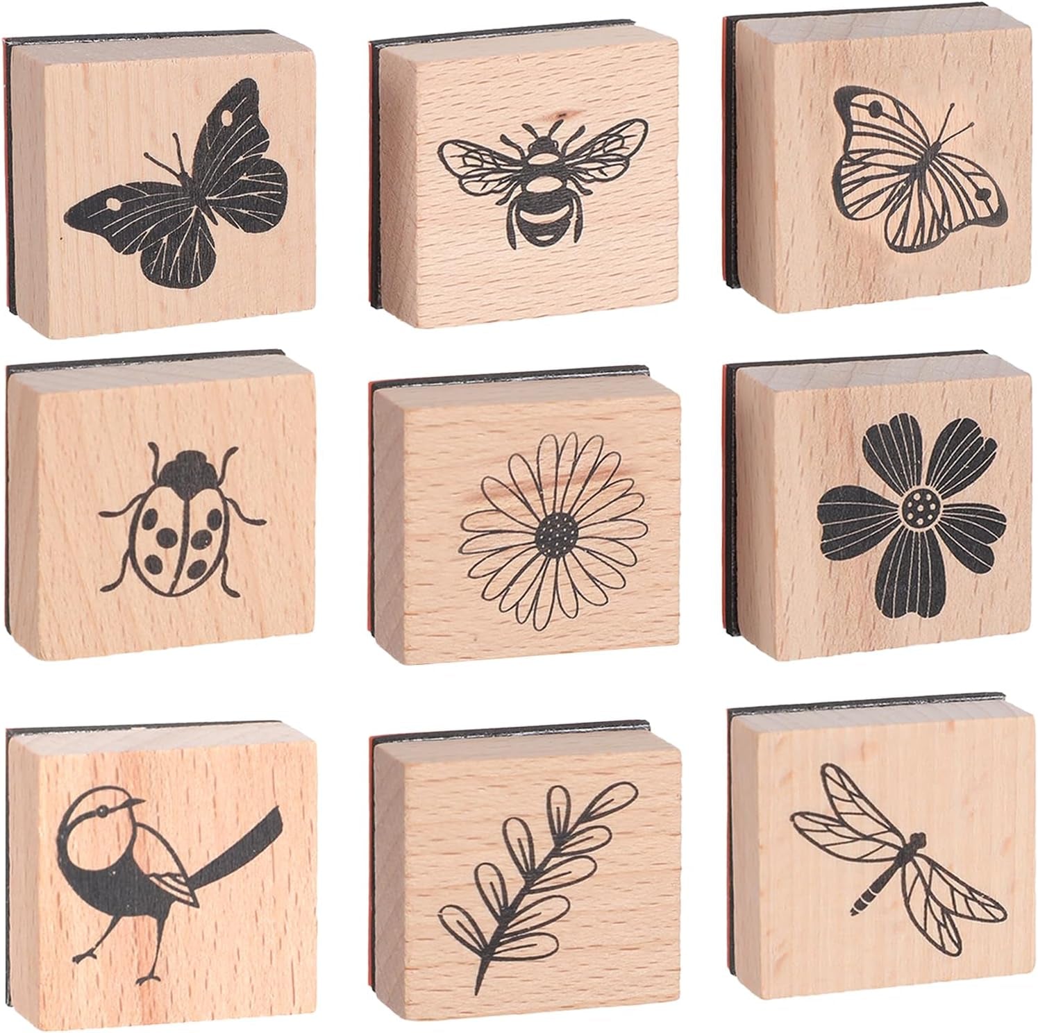9Pcs Wooden Rubber Stamp Set, Vintage Rubber Stamps for Crafting, Butterfly, Bird, Ladybird & Plant Journal Stamps for Arts & Crafts, Stationary, Scrapbooking, School Projects, Journals