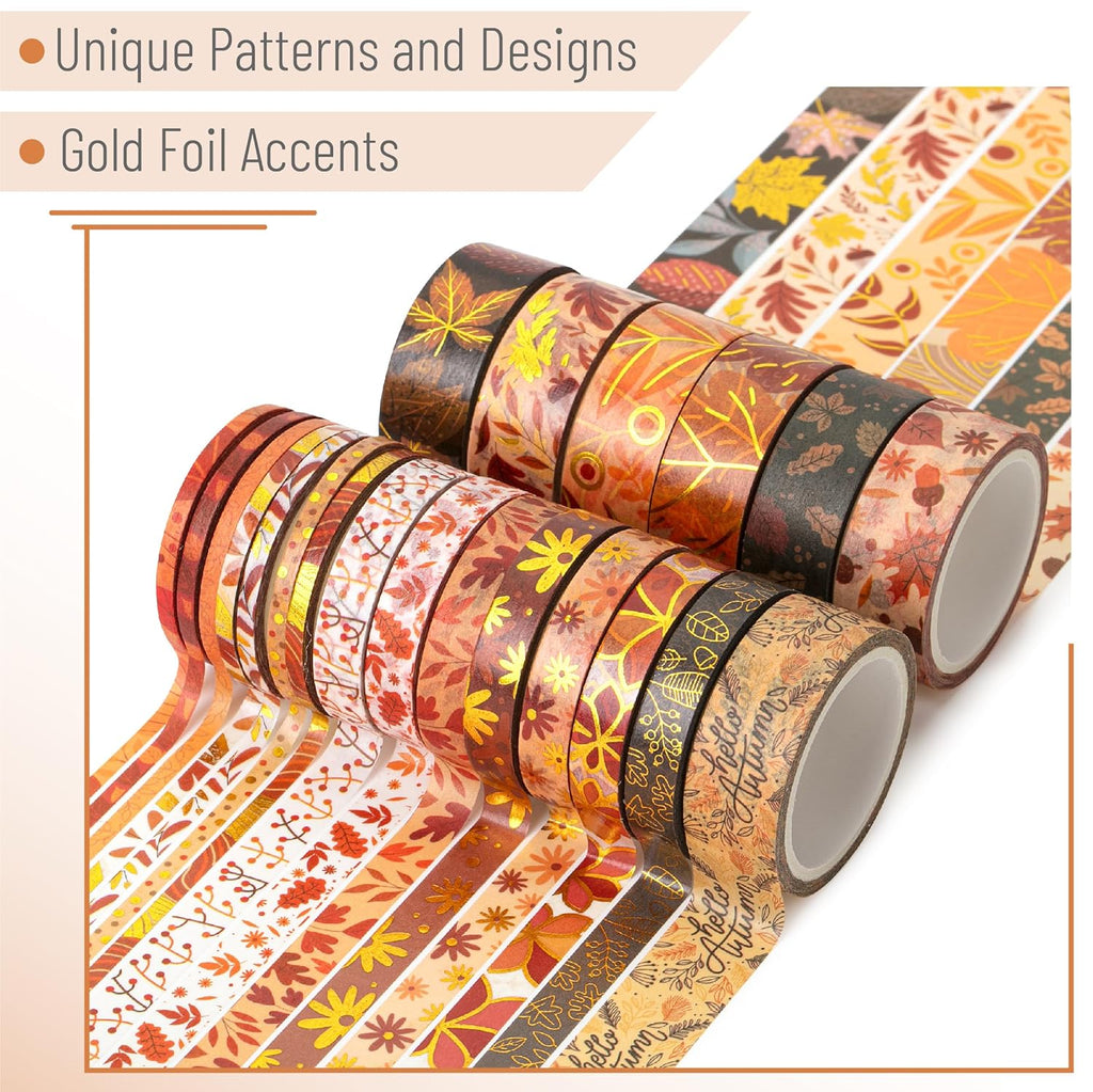'- Washi Tape Set, 21 Rolls, Assorted Sizes, Autumn Leaves | 5.5 Yards/Roll, Washi Tape for Scrapbook, Arts, Crafts, Journals and Planners