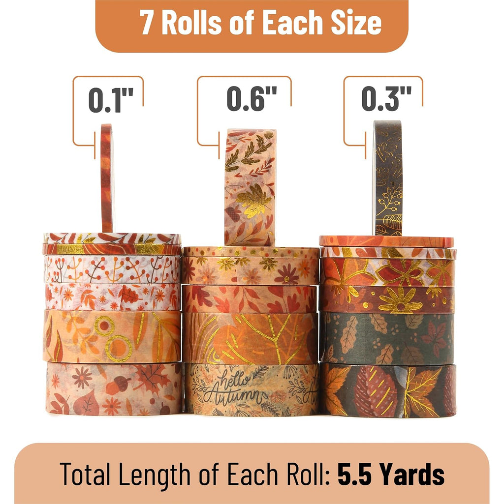'- Washi Tape Set, 21 Rolls, Assorted Sizes, Autumn Leaves | 5.5 Yards/Roll, Washi Tape for Scrapbook, Arts, Crafts, Journals and Planners