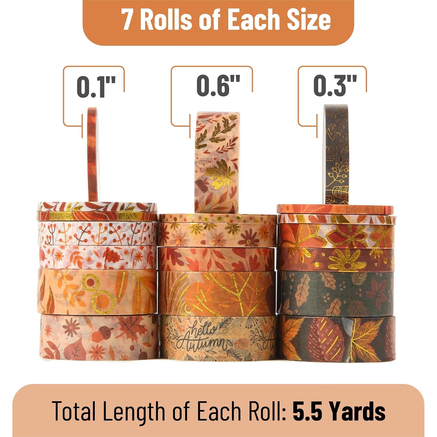 '- Washi Tape Set, 21 Rolls, Assorted Sizes, Autumn Leaves | 5.5 Yards/Roll, Washi Tape for Scrapbook, Arts, Crafts, Journals and Planners