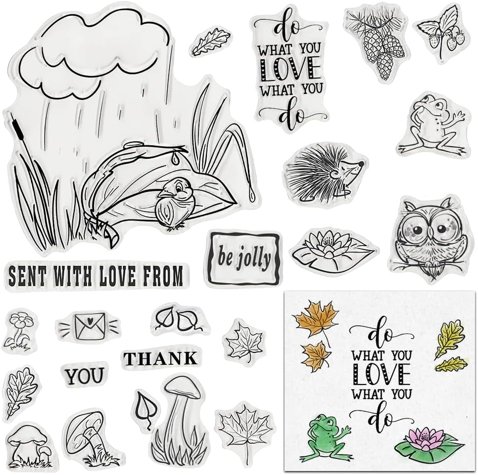Valentines Rain Leaves Clear Stamps for Card Making and Photo Album Decorations, Mushroom Animals Stamps Love Words Transparent Rubber Stamps Seal for DIY Scrapbooking Supplies