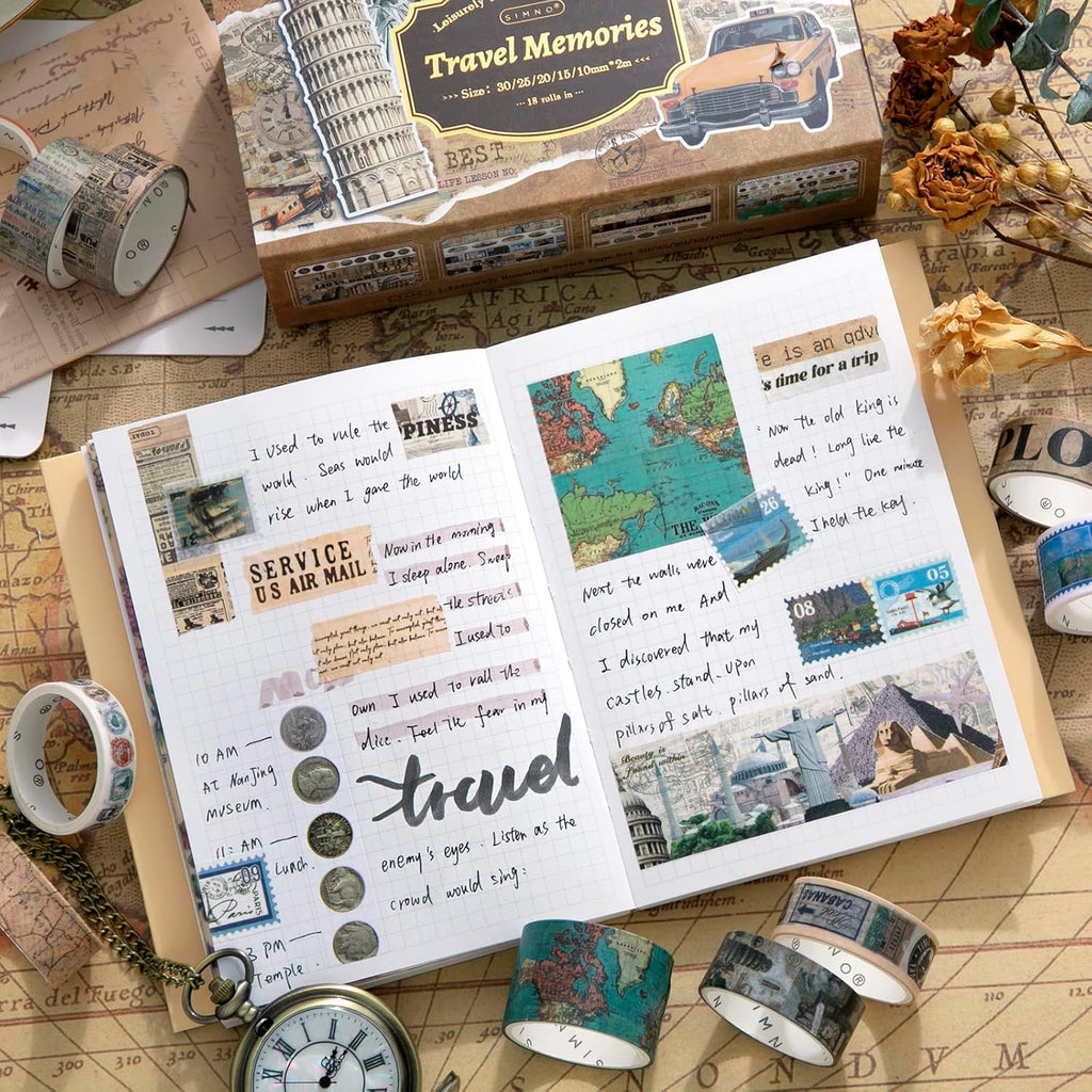 18 Rolls Travel Washi Tape Set Journaling Tape for Crafts and Journaling DIY Scrapbook Tape for Journaling Scrapbooking Supplies Washi Tape for Scrapbooking