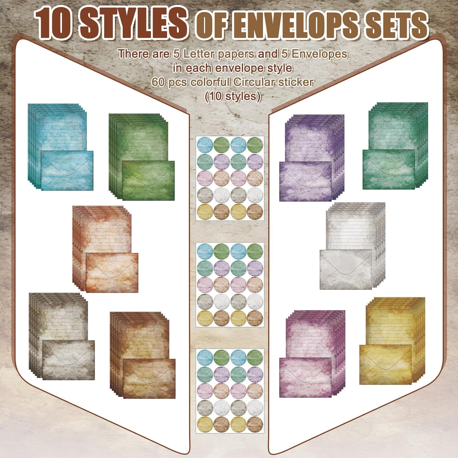 160 Pcs Stationery Paper Set 50 Double Sided Stationery Papers with 50 Matching Envelopes and 60 round Dot Sticker, 10 Design (Vintage,8.25 X 5.5 Inch)