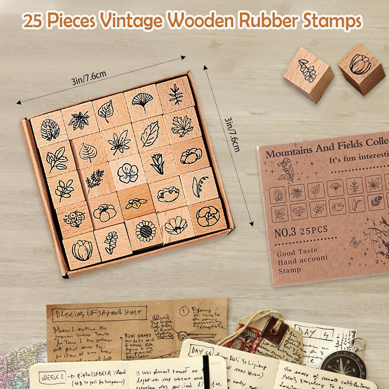 25 Pieces Wooden Rubber Stamp Set, Plant Decorative Wooden Stamp DIY Craft, Cute Butterfly & Botanical Designs for Journals, Scrapbooks, Planners, and DIY Crafts (Botanical)