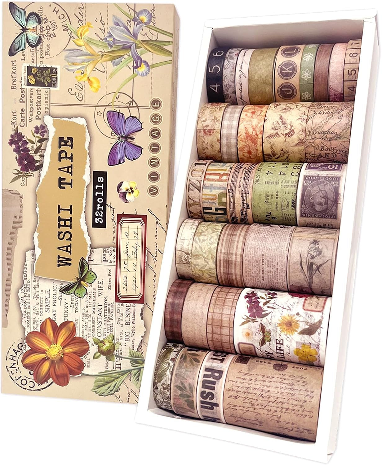 32 Roll Vintage Washi Tape Set Decorative Masking Paper Rainbow Colors Aesthetic Adhesive Ribbon Scrapbook Junk Journal Bullet Planner Diary DIY Craft Card Making Gift Wrapping Supplies